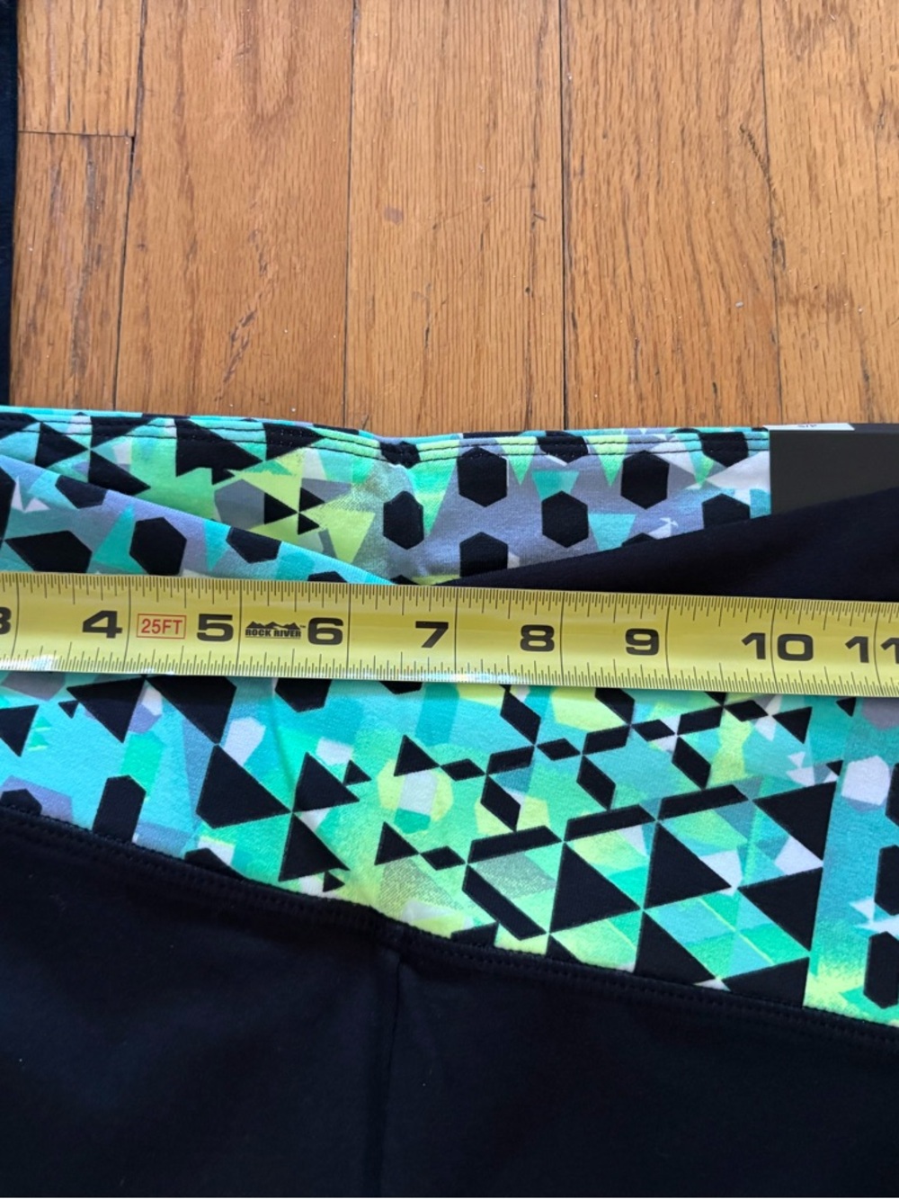 NWT- Victoria Sport Black Leggings with Teal Geometric Fold-Over Waistband - Picture 3 of 5